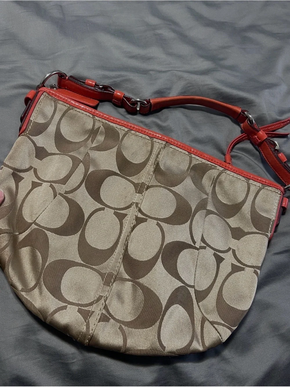 Coach Brown Signature Canvas Shoulder Bag with Red Trim